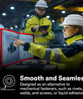 Workers in safety gear in a factory discussing a digital model; VHB Double-Sided Acrylic Foam Mounting Tape benefits displayed.