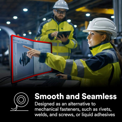 Workers in safety gear in a factory discussing a digital model; VHB Double-Sided Acrylic Foam Mounting Tape benefits displayed.