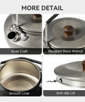 Lightweight 0.6 Liter Stainless Steel Camping Kettle With Locking Anti Hot Handle showing rivet, lid, liner, and anti-slip lid details.