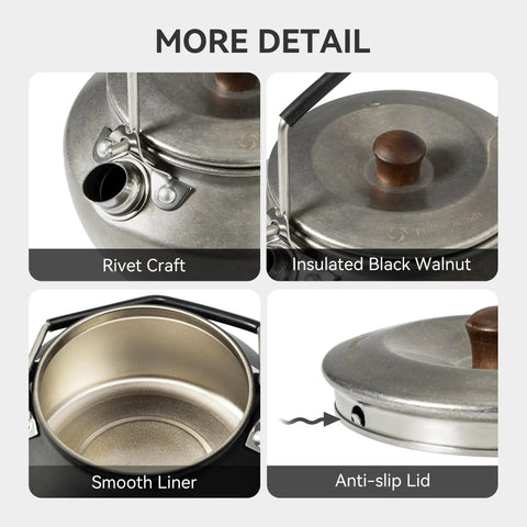 Lightweight 0.6 Liter Stainless Steel Camping Kettle With Locking Anti Hot Handle showing rivet, lid, liner, and anti-slip lid details.