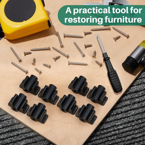 Upgrade Your Cabinetry With These Eight Black False Front Drawer Clips Heavy Duty Plastic Waterproof Design Includes Mounting Screws For No Fuss Swaps That Deliver A Rock Solid Secure Fit Every Day. Black clips and screws laid out on wood surface.