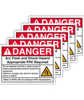 5 Pack Danger Arc Flash And Shock Hazard Signs PPE Required Safety Labels For Electrical Panels And Breaker Boxes NFPA 70E Compliant Glossy Laminated Polypropylene 4.13 By 5.83 Inches, showing warning text and symbols