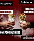 Hands holding burritos wrapped in heavy duty insulated aluminum foil sheets keep food hot or cold for hours, ideal for food trucks.