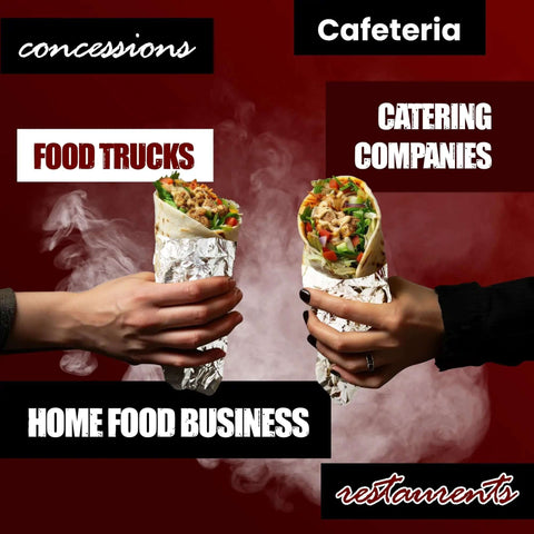 Hands holding burritos wrapped in heavy duty insulated aluminum foil sheets keep food hot or cold for hours, ideal for food trucks.