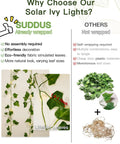 Comparison image showing benefits of Solar Ivy String Lights Outdoor Waterproof 33Ft 100 LED Fake Vines with easy assembly.