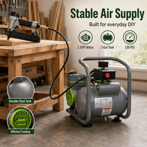 This Bad Boy Portable Electric Air Compressor Is A Total Game Changer For Your Shop Or Garage. With 1.5 Horsepower And 110 Volt Power Plug, This Unit Delivers Serious Pounds Per Square Inch Pressure Without The Noise Pollution. The Two Gallon Steel Tank