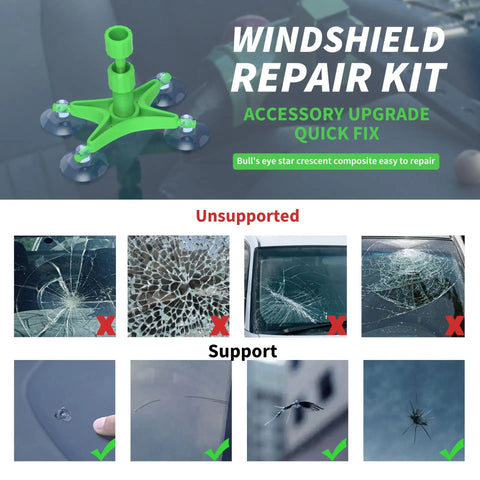 Windshield Chip And Crack Repair Kit With Suction Cup Bracket Glass Repair For Bulls Eye And Star Shaped Cracks Quick Easy DIY Fix For Car Windshield Chips Today shown with supported and unsupported cracks.