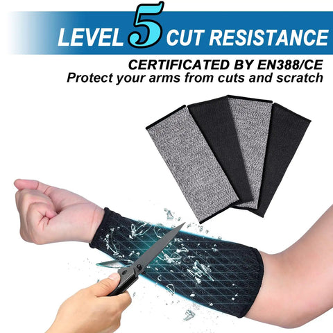 Cut Resistant Arm Sleeves With Level 5 Protection And 10 Inch Length For Work, person cutting sleeve with knife demonstrating protection.