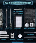 122 In 1 Precision Screwdriver Kit With 101 Magnetic Bits and 21 Tools, including magnetic mat, spudgers, and ESD tweezers