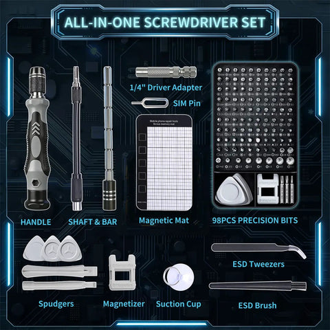 122 In 1 Precision Screwdriver Kit With 101 Magnetic Bits and 21 Tools, including magnetic mat, spudgers, and ESD tweezers