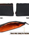Front and back view of black zippered tool pouch with orange lining, part of 4 Pack Small Tool Pouches Set With Clips Heavy Duty Electrician Tool Bags Zippered Pouches For DIY Projects Home Improvement On The Job Great For Tiny Parts And Accessories And Gear.