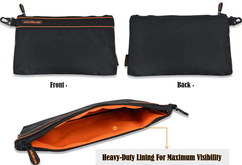 Front and back view of black zippered tool pouch with orange lining, part of 4 Pack Small Tool Pouches Set With Clips Heavy Duty Electrician Tool Bags Zippered Pouches For DIY Projects Home Improvement On The Job Great For Tiny Parts And Accessories And Gear.