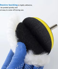 Close-up of Five Piece 3 Inch Wool Buffing Pad Set for Drill With Hook and Loop Backing M10 Adapter showing adhesive backing