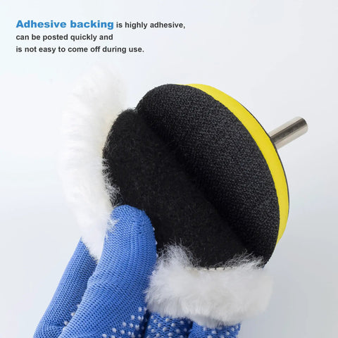 Close-up of Five Piece 3 Inch Wool Buffing Pad Set for Drill With Hook and Loop Backing M10 Adapter showing adhesive backing
