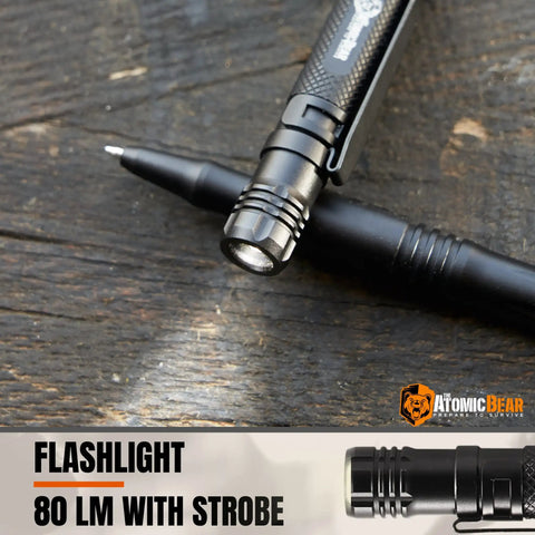 All In One Tactical Pen With Built In Flashlight, Glass Breaker, Bottle Opener And Multi Tool for Self Defense lying on wood
