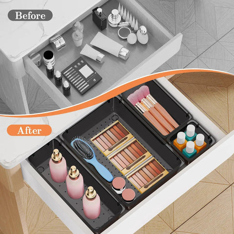 Before and after view of a drawer using 25 Piece Plastic Drawer Organizer Set With 4 Size Versatile Trays And Storage Bins