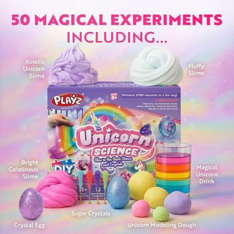 Unicorn Slime And Crystals Science Kit For Kids Ages 8 To 12, box with colorful materials including slimes, dough, and crystals.