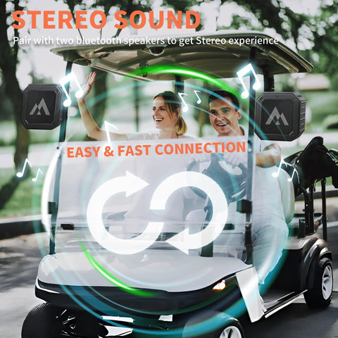 Go-To Golf Cart Speaker With Storage Case Magnetic Bluetooth Speaker for outdoor use on moving cart with happy golfers