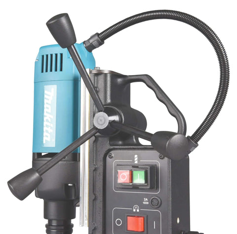 Makita HB350 1-3/8 inch magnetic drill; blue housing, black base with switch panel.