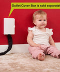 Baby sitting near outlet with Baby Proof Cable Covers For Wires And Cables, Flexible Cut-To-Fit Neoprene Sleeves visible on carpet.