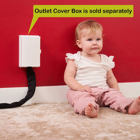 Baby sitting near outlet with Baby Proof Cable Covers For Wires And Cables, Flexible Cut-To-Fit Neoprene Sleeves visible on carpet.