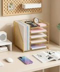 Five Tier Desktop File Organizer With Magazine Holder In Gold Finish on desk with papers and office supplies neatly arranged