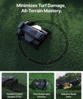 X450 All Wheel Drive Robotic Lawn Mower on grass showcasing traction and adaptability for steep slopes up to 84 percent.