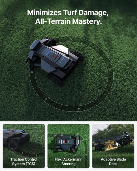 X450 All Wheel Drive Robotic Lawn Mower on grass showcasing traction and adaptability for steep slopes up to 84 percent.
