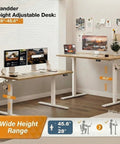 Wide 55x32 Inch Electric Standing Desk With Height Adjustment, 2 Memory Presets, 31.5 Inch Deep Work Surface, Sit Stand Home Office Desk With Hooks, Oak Finish in home office setting.