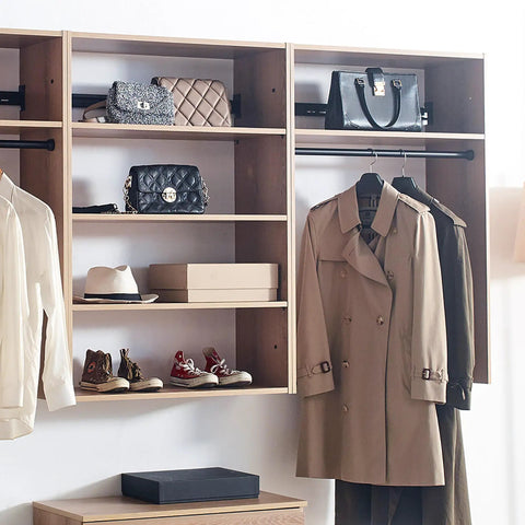 Modern Oak Wall Closet Organizer With Modular Shelves And Kickass Hanging Rod Heavy Duty Mounted Storage Rack For Bedroom Entryway And Laundry Room No Sweat Setup showcasing coats and bags.