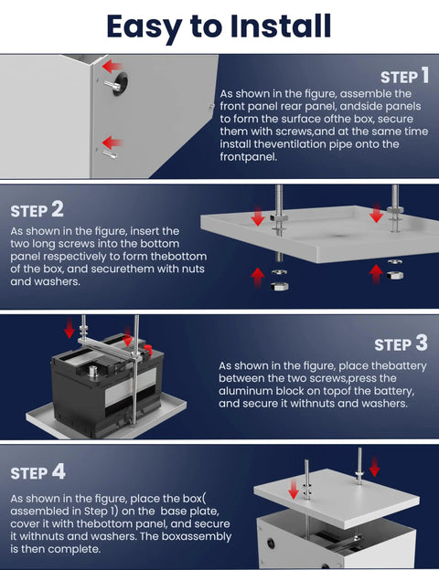 Installation guide for Heavy Duty Aluminum Battery Relocation Box Kit for Cars Trucks And SUVs with mounting steps.