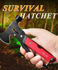 Hand holding 14-In-1 Multitool Camping Axe Hatchet with knife, hammer, saw, pliers, red handle, against forest background