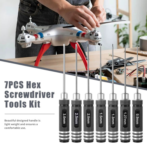 Pro Grade 7 Piece Precision RC Hex Screwdriver Set with 0.9mm through 3.0mm micro Allen wrenches shown against a drone.