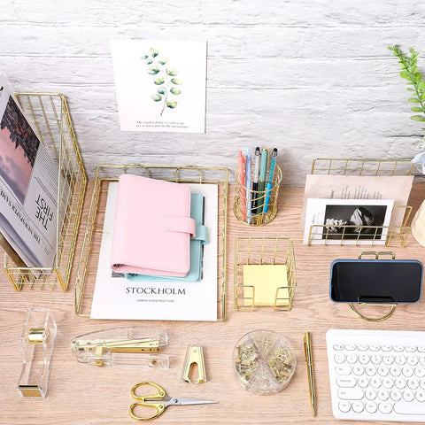 13 Piece Desk Accessory Set For Women Boss Lady Office Organizer Kit With Acrylic Stapler Tape Dispenser Gold on desk