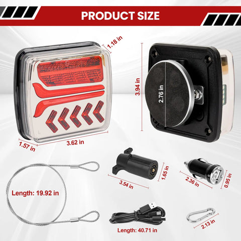 Wireless Magnetic LED Trailer Lights Kit 2 Pack Bluetooth Taillights size details and components