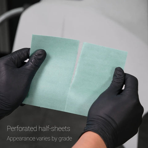 Flexible Polishing Sheets Starter Kit For Auto Detailing With K2000 To K3000 Grits 15 Sheets Plus Interface Pad And Hand Block Ultra Fast Cutting Power That Keeps Buffing Quick And Easy, showing two perforated half-sheets held by gloves