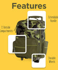 Kids Rolling Luggage With Wheels, Toddler Carry On Suitcase For Travel featuring camo print, extendable handle, durable wheels