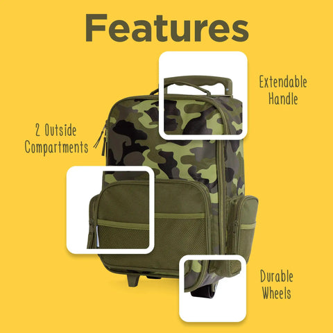 Kids Rolling Luggage With Wheels, Toddler Carry On Suitcase For Travel featuring camo print, extendable handle, durable wheels