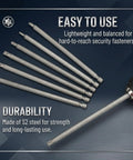Heavy Duty Long Screwdriver Bit Set Contains Thirty Two Six Inch Reach Drivers With Quarter Inch Hex Shanks Forged From Tough S2 Steel on display.