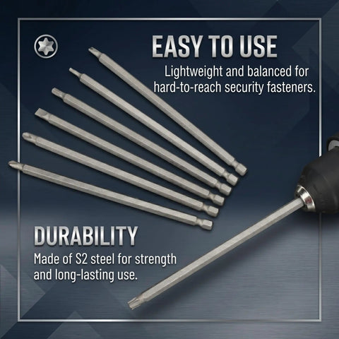 Heavy Duty Long Screwdriver Bit Set Contains Thirty Two Six Inch Reach Drivers With Quarter Inch Hex Shanks Forged From Tough S2 Steel on display.