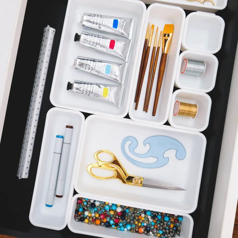 Interlocking Bin Pack 8 Piece Set For Home Organization And Office Storage Junk Drawer Friendly Modular Drawer Organizer System With Durable Non Slip Bins In White Custom Configurations For Shelves Desks And Cabinets displaying art materials.