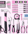 Pink 208 Piece Tool Kit for Women With Round Pouch Handy Home Maintenance Set displayed with tools like hammer, pliers, screwdrivers.