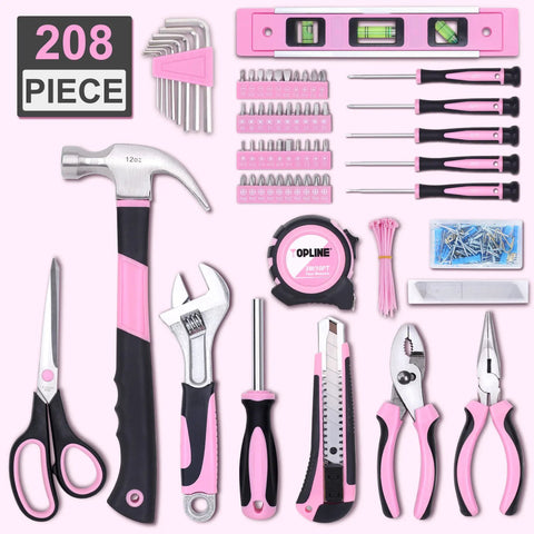 Pink 208 Piece Tool Kit for Women With Round Pouch Handy Home Maintenance Set displayed with tools like hammer, pliers, screwdrivers.