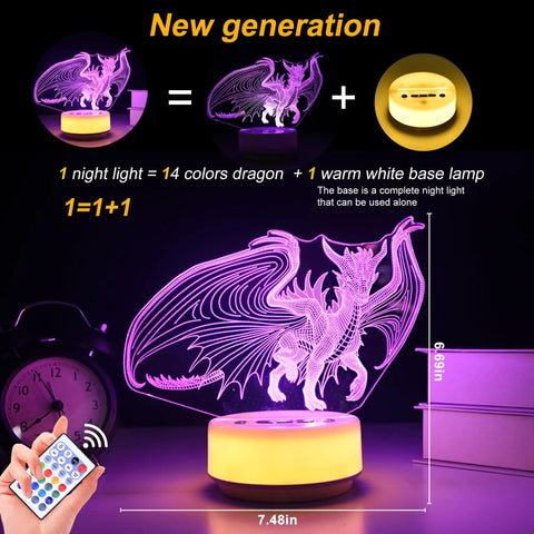 3D Illusion Dragon Night Light For Kids And Adults With 14 Color Options And Remote, featuring warm white base and timer