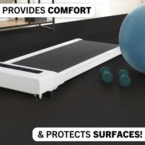 Interlocking EVA Foam Tile Mats 4-Pack For 16 Sq Ft Of Cushioned Flooring, Safe Non-Toxic Padding in a gym setting with treadmill and ball.