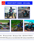 420 Gold Motorcycle Chain 132 Links With Chain Breaker Heavy Duty Roller Chain For 110cc 125cc Dirt Bike Go Kart ATV Quad Scooter Mini Bike With 10 Master Links Included displayed with various vehicles