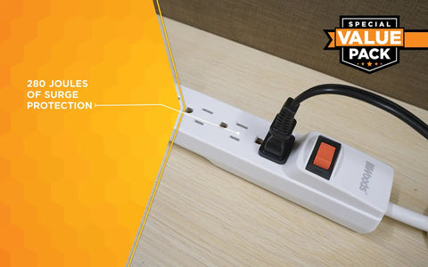 Two Pack Six Outlet Surge Protector With 280J Protection, 2.5 Ft Cord, Built In Circuit Breaker, White, Indoor Use, Ideal For Home Office Electronics, Safely Power Multiple Devices