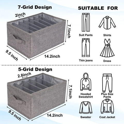 Wardrobe Closet Organizers 4 Piece Set With 7 Grid And 5 Grid Foldable Jeans Organizers For Shelf Storage Bins Keeps Clothes Neat And Tidy Durable Polyester And PP Board With Breathable Nylon Mesh For Shirts Pants And Sweaters Grey showing dimensions and suitable clothing types.