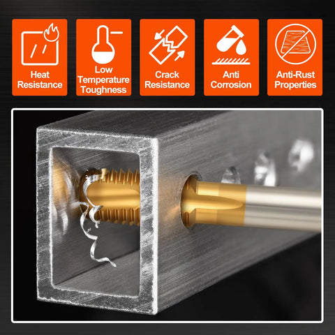 Pro Grade Spiral Point Tap For 1/2-13 UNC Right Hand Cutting showing gold tap threading through metal, highlighting durability features.