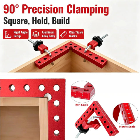90 Degree Aluminum Corner Clamps Set, 6pcs Right Angle Jig Clamps For Woodworking, Cabinets, Frames And Boxes, Heavy Duty Precision CNC Machined Jigs For Rock Solid 90 Degree Joints. Red aluminum corner clamps on wood joints with inch and metric scales.